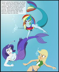 Size: 2683x3296 | Tagged: safe, artist:physicrodrigo, edit, editor:rmzero, part of a set, applejack, rainbow dash, rarity, angler fish, mermaid, series:equestria mermaids, equestria girls, g4, belly button, bikini, bikini bottom, bikini top, bubble, clothes, crepuscular rays, curse, cursed, dialogue, dorsal fin, dress, female, fin, fins, fish tail, floppy ears, flowing mane, flowing tail, gills, grin, high res, jewelry, looking at each other, looking at someone, mermaidized, midriff, necklace, ocean, part of a series, pearl, pearl necklace, scales, smiling, species swap, submarine, sunlight, surprised, swimming, swimsuit, tail, text, underwater, water