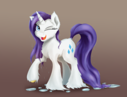 Size: 3000x2300 | Tagged: safe, artist:coldtrail, rarity, pony, unicorn, g4, brown background, female, high res, mare, one eye closed, raised hoof, simple background, solo, unshorn fetlocks, wet, wet mane, wet mane rarity, wink