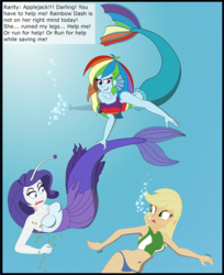 Size: 2683x3296 | Tagged: safe, artist:physicrodrigo, edit, editor:rmzero, part of a set, applejack, rainbow dash, rarity, angler fish, mermaid, series:equestria mermaids, equestria girls, g4, belly button, bikini, bikini bottom, bikini top, bubble, clothes, crepuscular rays, curse, cursed, dialogue, dress, fish tail, floppy ears, flowing mane, flowing tail, gills, grin, high res, jewelry, mermaidized, midriff, necklace, ocean, part of a series, pearl, pearl necklace, smiling, species swap, submarine, sunlight, surprised, swimming, swimsuit, tail, underwater, water