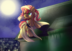 Size: 1000x712 | Tagged: safe, artist:cabbage-arts, sunset shimmer, pony, unicorn, g4, building, city, clothes, commission, crossover, dress, female, mission impossible, moon, roof, rooftop, solo