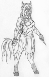 Size: 1366x2144 | Tagged: safe, artist:siegfriednox, oc, oc:pythia, zebra, anthro, unguligrade anthro, fallout equestria, fallout equestria: project horizons, clothes, fanfic art, grayscale, knife, long mane, monochrome, shaman, traditional art, witch