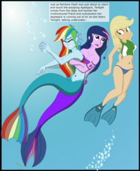 Size: 2683x3296 | Tagged: safe, artist:physicrodrigo, edit, editor:rmzero, part of a set, applejack, rainbow dash, twilight sparkle, angler fish, mermaid, series:equestria mermaids, equestria girls, g4, belly button, bikini, bikini bottom, bikini top, bubble, clothes, confused, crepuscular rays, curse, cursed, cutie mark, dialogue, dorsal fin, fin, fins, fish tail, flowing tail, gills, high res, jewelry, mermaidized, midriff, necklace, ocean, part of a series, scales, seashell bra, shell, smiling, species swap, sunlight, swimming, swimsuit, tail, text, underwater, water