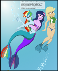 Size: 2683x3296 | Tagged: safe, artist:physicrodrigo, edit, editor:rmzero, part of a set, applejack, rainbow dash, twilight sparkle, angler fish, mermaid, series:equestria mermaids, equestria girls, g4, belly button, bikini, bikini bottom, bikini top, bubble, clothes, confused, curse, cursed, cutie mark, dialogue, gills, high res, jewelry, mermaidized, midriff, necklace, ocean, part of a series, seashell bra, shell, smiling, species swap, swimsuit, text