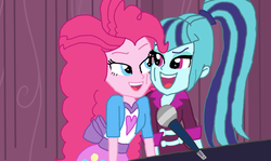 Size: 2000x1191 | Tagged: safe, artist:ktd1993, pinkie pie, sonata dusk, equestria girls, g4, clothes, female, lesbian, looking at each other, microphone, musical instrument, open mouth, piano, ship:pinata, shipping