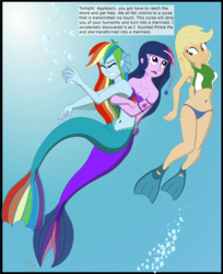 Size: 2683x3296 | Tagged: safe, artist:physicrodrigo, edit, editor:rmzero, part of a set, applejack, rainbow dash, twilight sparkle, angler fish, mermaid, series:equestria mermaids, equestria girls, g4, belly button, bikini, bikini bottom, bikini top, bubble, clothes, confused, curse, cursed, cutie mark, dialogue, gills, high res, jewelry, mermaidized, midriff, necklace, ocean, part of a series, seashell bra, shell, smiling, species swap, swimsuit, text