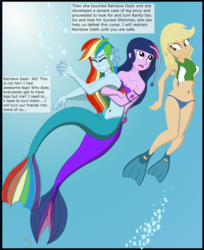 Size: 2683x3296 | Tagged: safe, artist:physicrodrigo, edit, editor:rmzero, part of a set, applejack, rainbow dash, twilight sparkle, angler fish, mermaid, series:equestria mermaids, equestria girls, g4, belly button, bikini, bikini bottom, bikini top, bubble, clothes, confused, crepuscular rays, curse, cursed, cutie mark, dialogue, dorsal fin, fin, fins, fish tail, flowing tail, gills, high res, jewelry, mermaidized, midriff, necklace, ocean, part of a series, scales, seashell bra, shell, smiling, species swap, sunlight, swimming, swimsuit, tail, text, underwater, water