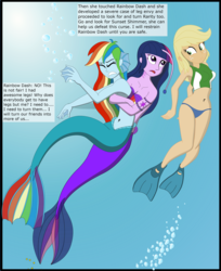 Size: 2683x3296 | Tagged: safe, artist:physicrodrigo, edit, editor:rmzero, part of a set, applejack, rainbow dash, twilight sparkle, angler fish, mermaid, series:equestria mermaids, equestria girls, g4, belly button, bikini, bikini bottom, bikini top, bubble, clothes, confused, curse, cursed, cutie mark, dialogue, gills, high res, jewelry, mermaidized, midriff, necklace, ocean, part of a series, seashell bra, shell, smiling, species swap, swimsuit, text