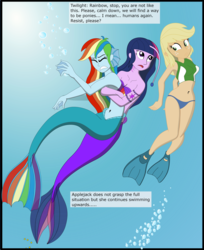 Size: 2683x3296 | Tagged: safe, artist:physicrodrigo, edit, editor:rmzero, part of a set, applejack, rainbow dash, twilight sparkle, angler fish, mermaid, series:equestria mermaids, equestria girls, g4, belly button, bikini, bikini bottom, bikini top, bubble, clothes, confused, crepuscular rays, curse, cursed, cutie mark, dialogue, dorsal fin, fin, fins, fish tail, flowing tail, gills, high res, jewelry, mermaidized, midriff, necklace, ocean, part of a series, scales, seashell bra, shell, smiling, species swap, sunlight, swimming, swimsuit, tail, text, underwater, water