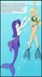 Size: 2024x3685 | Tagged: safe, artist:physicrodrigo, edit, editor:rmzero, part of a set, applejack, rarity, angler fish, mermaid, series:equestria mermaids, equestria girls, g4, belly button, bikini, bikini bottom, bikini top, bubble, clothes, curse, cursed, dialogue, dress, gills, high res, mermaidized, midriff, nervous, ocean, part of a series, smiling, species swap, swimsuit, text