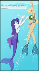 Size: 2024x3685 | Tagged: safe, artist:physicrodrigo, edit, editor:rmzero, part of a set, applejack, rarity, angler fish, mermaid, series:equestria mermaids, equestria girls, g4, belly button, bikini, bikini bottom, bikini top, bubble, clothes, crepuscular rays, curse, cursed, dialogue, dorsal fin, dress, fin, fins, fish tail, flowing tail, gills, high res, mermaidized, midriff, nervous, ocean, part of a series, scales, smiling, species swap, sunlight, swimming, swimsuit, tail, text, underwater, water