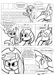 Size: 902x1280 | Tagged: safe, artist:ahobobo, applejack, princess ember, strawberry sunrise, dragon, comic:expanding relations, g4, apple pie, cart, dragoness, fanfic art, female, food, force feeding, grayscale, monochrome, pie, this will end in weight gain