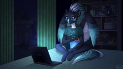 Size: 2700x1519 | Tagged: safe, artist:wingell, oc, oc only, oc:alpine apotheon, pegasus, anthro, unguligrade anthro, anthro oc, clothes, commission, computer, digital art, female, high res, laptop computer, mare, night, shirt, signature, solo, ych result