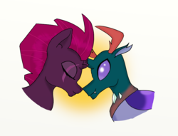 Size: 850x650 | Tagged: safe, artist:eulicious, pharynx, tempest shadow, changedling, changeling, pony, unicorn, g4, broken horn, crack shipping, eye scar, eyes closed, fangs, horn, interspecies, prince pharynx, scar, ship:tempynx, shipping, simple background