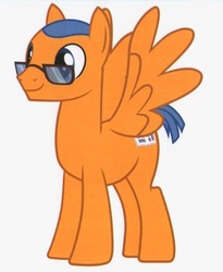 Size: 618x753 | Tagged: safe, trusty splendor, pegasus, pony, g4, school raze, background pony, glasses, illustrious q, male, shaved mane, short tail, simple background, solo, stallion