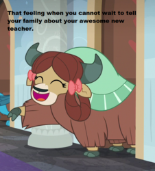 Size: 652x720 | Tagged: safe, edit, edited screencap, screencap, gallus, yona, yak, g4, season 8, the hearth's warming club, bow, braid, cloven hooves, cropped, cute, dormitory, excited, happy, implied letter, implied rockhoof, implied yaks, school of friendship, text, tfw, yonadorable