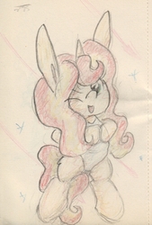 Size: 662x977 | Tagged: safe, artist:slightlyshade, sunset shimmer, pony, g4, clothes, female, long ears, one eye closed, one-piece swimsuit, solo, swimsuit, traditional art, wink