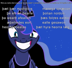 Size: 3573x3375 | Tagged: safe, edit, edited screencap, screencap, princess luna, pony, a royal problem, g4, background removed, female, forced smile, gritted teeth, high res, image macro, mare, meme, nervous, old english, poem, reaction image, simple background, smiling, solo, transparent background, ye olde english
