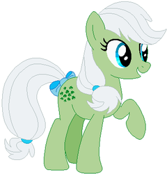 Size: 370x385 | Tagged: safe, artist:selenaede, artist:tinrobo, artist:user15432, minty (g1), earth pony, pony, g1, g4, base used, bow, cute, female, g1 mintabetes, g1 to g4, generation leap, hasbro, hasbro studios, mare, raised hoof, simple background, solo, tail bow, white background