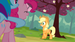 Size: 1440x809 | Tagged: safe, screencap, applejack, pinkie pie, rainbow dash, earth pony, pegasus, pony, g4, season 2, the last roundup, annoyed, cherry, cherry blossoms, cherry orchard, cherry tree, cute, female, flower, flower blossom, food, mare, motormouth, open mouth, open smile, orchard, panic, raised hoof, smiling, smirk, tree, wallpaper
