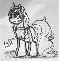 Size: 1830x1898 | Tagged: safe, artist:binkyt11, derpibooru exclusive, oc, oc only, oc:belladonna lamia, pony, unicorn, female, freckles, mare, missing cutie mark, monochrome, pen drawing, solo, traditional art, unamused