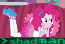 Size: 975x661 | Tagged: safe, edit, edited screencap, screencap, pinkie pie, equestria girls, g4, my little pony equestria girls: better together, pinkie sitting, couch, low quality, prone, shadman