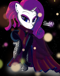 Size: 2543x3209 | Tagged: safe, artist:omega-scarlett, rarity, pony, unicorn, g4, black background, clothes, collar, dress, ear piercing, earring, elizabethan, feather boa, female, high res, jewelry, looking at you, piercing, ruff (clothing), signature, simple background, solo