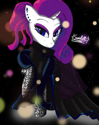 Size: 2543x3209 | Tagged: safe, alternate version, artist:omega-scarlett, rarity, pony, g4, black background, clothes, collar, dress, ear piercing, earring, feather boa, female, high res, jewelry, looking at you, piercing, ruff (clothing), signature, simple background, solo