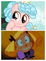 Size: 3106x4096 | Tagged: safe, edit, edited screencap, screencap, cozy glow, human, pegasus, pony, g4, marks for effort, baby doll, batman the animated series, bow, comparison, cozybetes, cropped, cute, female, filly, foal, hair bow, ringlets, tail bow