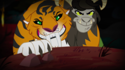 Size: 1440x810 | Tagged: safe, screencap, chimera sisters, chimera, g4, somepony to watch over me, claws, evil smile, fangs, grin, hub logo, multiple heads, slasher smile, smiling, three heads