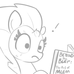 Size: 1280x1280 | Tagged: safe, artist:tjpones, fizzlepop berrytwist, tempest shadow, pony, unicorn, g4, :p, book, broken horn, exclamation point, female, horn, mare, mlem, monochrome, shocked, silly, solo