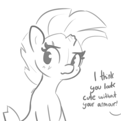 Size: 1280x1280 | Tagged: safe, artist:tjpones, fizzlepop berrytwist, tempest shadow, pony, unicorn, blushing, broken horn, cute, embarrassed, eyelashes, female, looking away, mare, monochrome, offscreen character, pretty pretty tempest, sitting, solo, tempestbetes, wavy mouth
