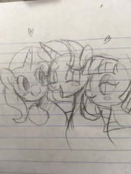 Size: 960x1280 | Tagged: safe, artist:leslers, maud pie, starlight glimmer, trixie, earth pony, pony, unicorn, g4, female, lesbian, lined paper, monochrome, pencil drawing, polyamory, ship:mauxie, ship:startrix, shipping, starmaud, starmauxie, traditional art