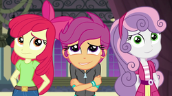 Size: 1278x718 | Tagged: safe, edit, edited screencap, screencap, apple bloom, scootaloo, sweetie belle, equestria girls, g4, happily ever after party, happily ever after party: rainbow dash, my little pony equestria girls: better together, my little pony equestria girls: choose your own ending, cute, cutie mark crusaders, inverted mouth