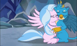Size: 600x357 | Tagged: safe, screencap, gallus, silverstream, classical hippogriff, griffon, hippogriff, g4, what lies beneath, animated, cute, diastreamies, duo, female, gallabetes, hug, male, push, scooting, silverstream hugs gallus