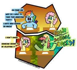 Size: 963x879 | Tagged: safe, artist:sneshpone, fluttershy, rainbow dash, tree hugger, earth pony, pegasus, pony, g4, acne, braces, comic, high, high school, piercing, pimple, simple background, teenager, test, transparent background