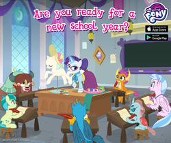 Size: 940x788 | Tagged: safe, gameloft, gallus, ocellus, rarity, sandbar, silverstream, smolder, yona, classical hippogriff, earth pony, griffon, hippogriff, pony, unicorn, g4, official, back to school, clothes, dress, facebook, female, male, mare, my little pony logo, school of friendship, school term, schoolmarm rarity, student six, teenager, united states