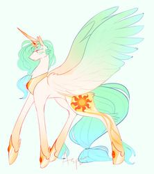 Size: 1280x1440 | Tagged: safe, artist:artistwave, princess celestia, alicorn, pony, g4, alternate hair color, body markings, colored wings, crown, cutie mark, female, head feathers, large wings, mare, peytral, ponytail, redesign, regalia, simple background, solo, white background, wings