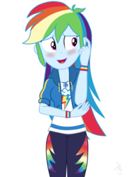 Size: 2347x3258 | Tagged: safe, artist:ilaria122, rainbow dash, equestria girls, equestria girls series, g4, awkward smile, blushing, clothes, cute, dashabetes, embarrassed, female, geode of super speed, hair, high res, leggings, looking away, magical geodes, nervous, nervous smile, open mouth, pants, shirt, simple background, smiling, solo, sweater, sweatshirt, t-shirt, teenager, transparent background, vector, wristband