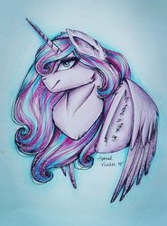Size: 1024x1386 | Tagged: safe, artist:moni556, princess flurry heart, alicorn, pony, g4, blue background, bust, female, looking at you, mare, older, older flurry heart, sidemouth, simple background, solo, traditional art