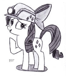 Size: 2360x2710 | Tagged: safe, artist:drchrisman, rarity, pony, unicorn, g4, bow, female, flashlight (object), grayscale, hat, helmet, high res, looking back, mare, mining helmet, monochrome, signature, solo, traditional art