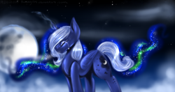 Size: 1576x832 | Tagged: safe, artist:harmony134, princess luna, alicorn, pony, g4, crying, eyes closed, female, mare, moon, solo