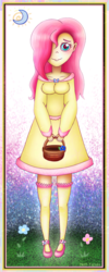 Size: 757x1892 | Tagged: safe, artist:natt-tenshi, fluttershy, human, g4, basket, blushing, clothes, female, hair over one eye, humanized, looking at you, smiling, solo