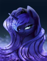 Size: 2300x3000 | Tagged: safe, artist:neon-light-53, princess luna, pony, g4, abstract background, beautiful, ethereal mane, female, high res, jewelry, lidded eyes, mare, solo, starry mane, tiara