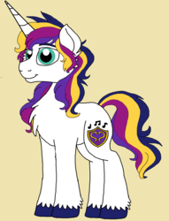 Size: 1096x1437 | Tagged: safe, artist:rosefang16, oc, oc only, oc:shield cadenza, pony, unicorn, bio in description, chest fluff, male, parent:princess cadance, parent:shining armor, simple background, smiling, solo, stallion, unshorn fetlocks, yellow background