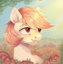 Size: 1945x2000 | Tagged: safe, artist:neon-light-53, oc, oc only, pony, art trade, female, flower, freckles, lidded eyes, mare, smiling, solo, sunlight