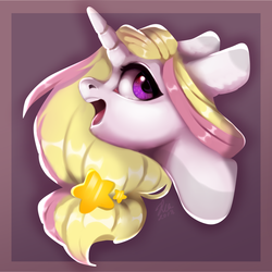 Size: 2000x2000 | Tagged: safe, artist:neon-light-53, oc, oc only, pony, unicorn, abstract background, bust, female, floppy ears, gift art, high res, looking at you, mare, open mouth, solo