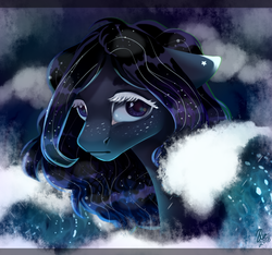 Size: 1500x1401 | Tagged: safe, artist:neon-light-53, oc, oc only, pony, dark, freckles, letterboxing, looking at you, night, ocean, solo, wave