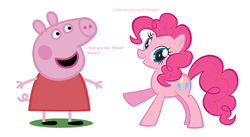 Size: 1884x1036 | Tagged: safe, pinkie pie, earth pony, pig, pony, anthro, plantigrade anthro, g4, 1000 hours in ms paint, age difference, anthro with ponies, background pony strikes again, crack shipping, crossover, crossover shipping, dialogue, female, interspecies, kissing, lesbian, peppa pig, peppa pig (character), peppapie, shipping, stock vector, wat, why