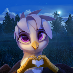 Size: 1920x1920 | Tagged: safe, artist:quvr, oc, oc only, griffon, cute, female, griffon oc, heart hands, looking at you, moon, night, not gilda, solo, weapons-grade cute
