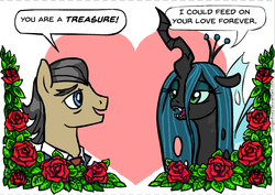 Size: 599x425 | Tagged: safe, artist:gingerfoxy, filthy rich, queen chrysalis, changeling, earth pony, pony, pony couple generator, g4, chrysarich, crack shipping, crown, eyebrows, fangs, female, flower, heart, jewelry, male, regalia, rose, shipping, straight, text